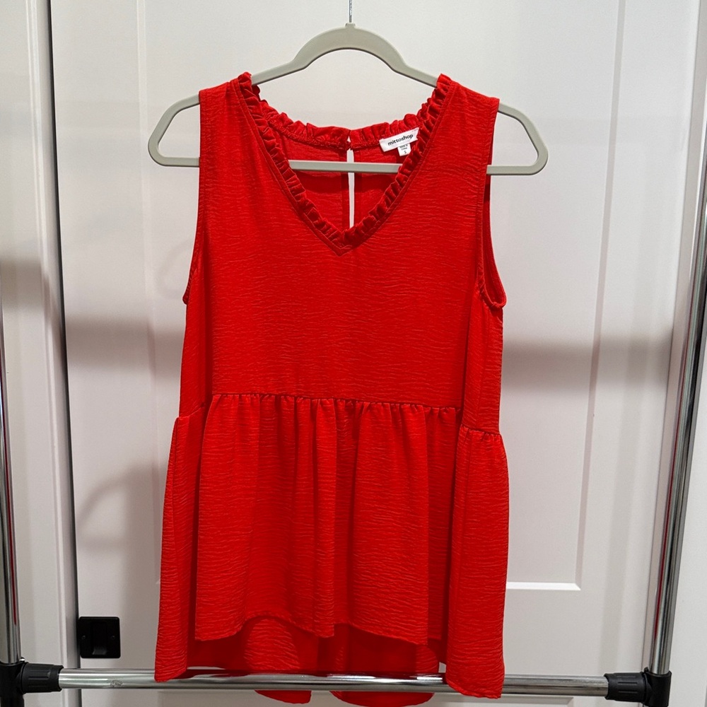 Mittoshop Vibrant Red Ruffle V-Neck Blouse